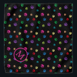 Colourful Animal Paw Prints Monogram on Black Bandana<br><div class="desc">Show how much you love animals with this cute colourful paw patterned bandana. Also looks awesome with a white background. Bet your pet will look adorable wearing it!</div>