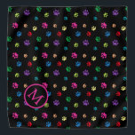 Colourful Animal Paw Prints Monogram on Black Bandana<br><div class="desc">Show how much you love animals with this cute colourful paw patterned bandana. Also looks awesome with a white background. Bet your pet will look adorable wearing it!</div>