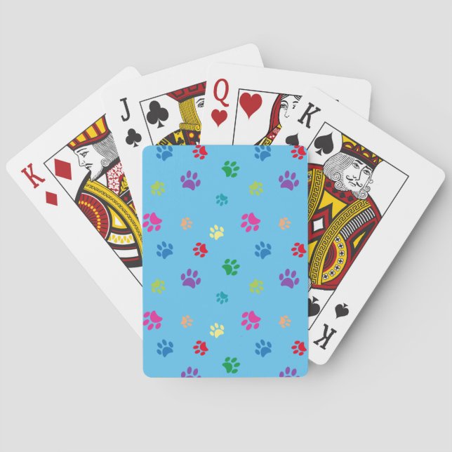Colourful Animal Paw Prints on Blue Playing Cards (Back)