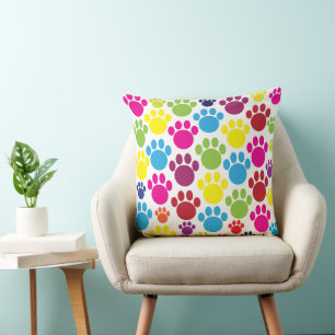 Colourful Animal Paw Prints Throw Pillow