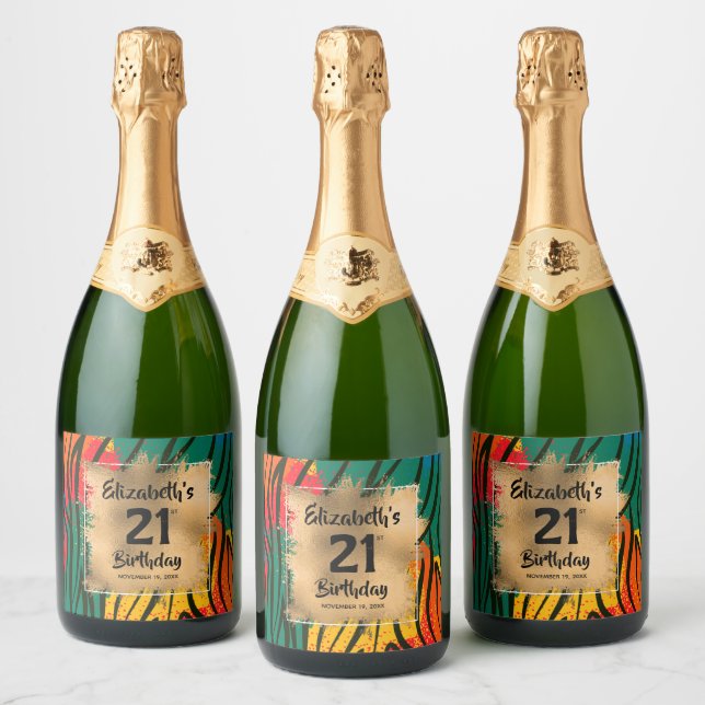 Colourful Animal Print 21st Birthday Personalized Sparkling Wine Label (Bottles)