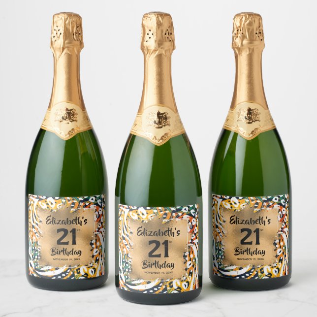 Colourful Animal Print 21st Birthday Personalized Sparkling Wine Label (Bottles)