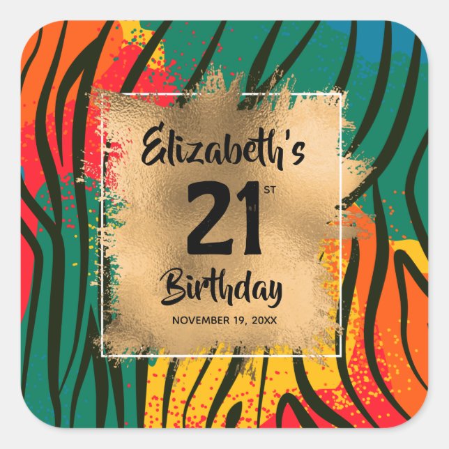 Colourful Animal Print 21st Birthday Personalized Square Sticker (Front)