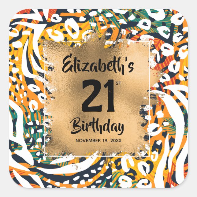 Colourful Animal Print 21st Birthday Personalized Square Sticker (Front)