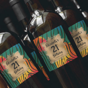 Colourful Animal Print 21st Birthday Personalized Wine Label