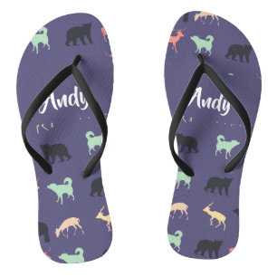 Colourful animal silhouettes on blue flip flops