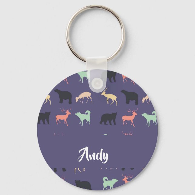 Colourful animal silhouettes on blue keychain (Front)