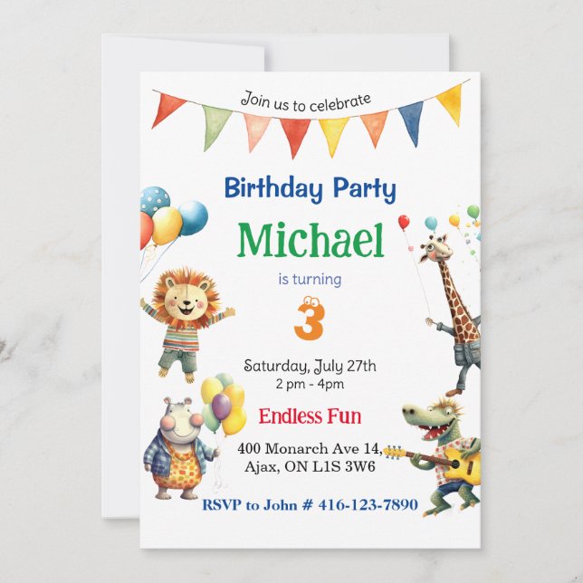 Colourful animals Birthday Party Invitation (Front)