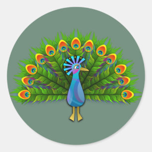 Colourful animated Peacock Classic Round Sticker