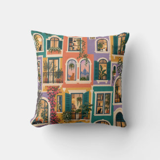 Colourful Apartment Windows Cozy Life Throw Pillow