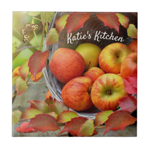 Colourful Apple Basket and Fall Leaves. Customized Tile