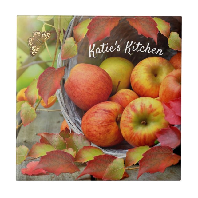 Colourful Apple Basket and Fall Leaves. Customized Tile (Front)