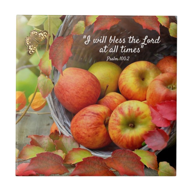 Colourful Apple Basket and Fall Leaves. Customized Tile (Front)
