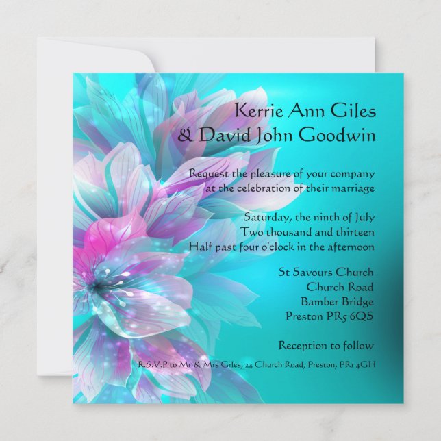 Colourful Aqua Blue and Pink Wedding Invitation (Front)