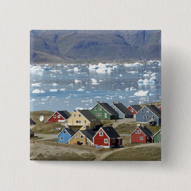 Colourful architecture of the town, Narsaq, 2 Inch Square Button (Front)