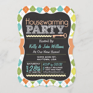 Colourful Argyle; Chalkboard Housewarming Party Invitation