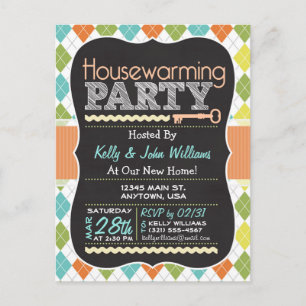 Colourful Argyle; Chalkboard Housewarming Party Invitation Postcard