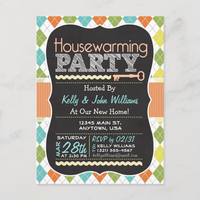 Colourful Argyle; Chalkboard Housewarming Party Invitation Postcard (Front)