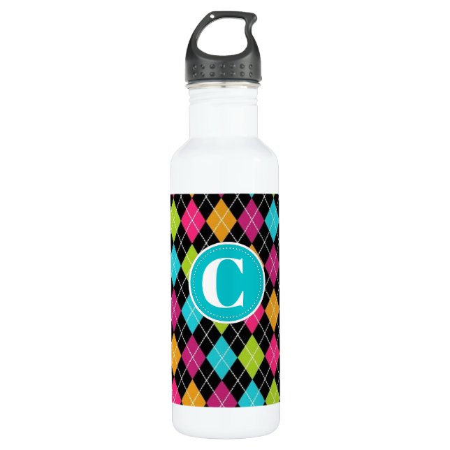 Colourful Argyle Pattern Personalized Water Bottle (Front)