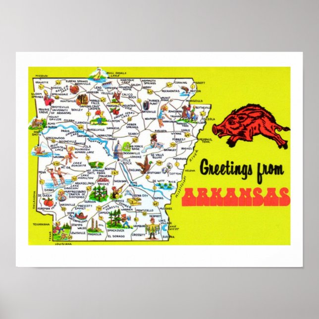 Colourful Arkansas Postcard Map Print (Front)