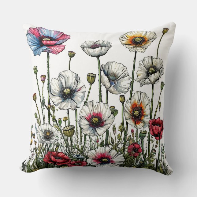 Colourful Array of Poppies in a Botanical Illustra Throw Pillow (Front)