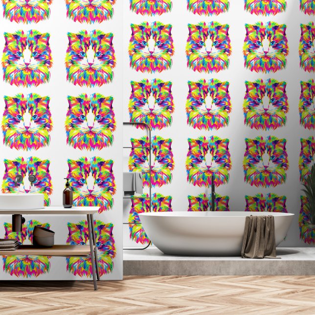 Colourful Art Cat Wallpaper (Bathroom)