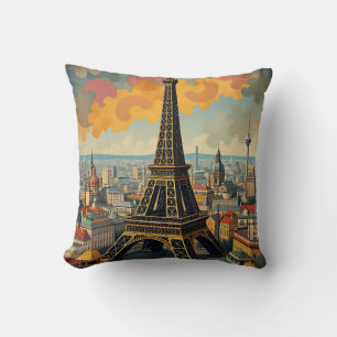 Colourful Art Deco Eiffel Tower Illustration Throw Pillow