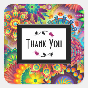 Colourful Art Deco Flower Shapes Pattern Thank You Square Sticker
