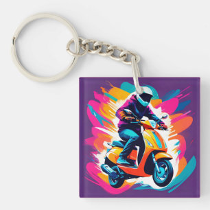 Colourful Art Depiction of a Person Riding Keychain