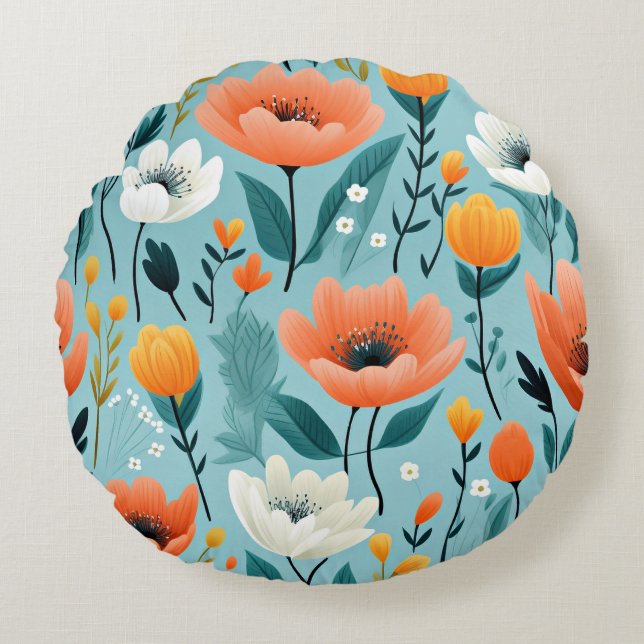 Colourful art flowers-aqua, white, peach, yellow, round pillow (Front)