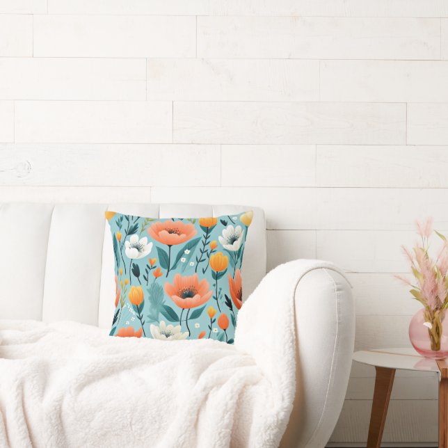 Colourful art flowers-aqua, white, peach, yellow, throw pillow (Couch)