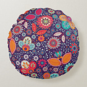 Colourful Art Illustration Nature Floral Pattern Round Pillow