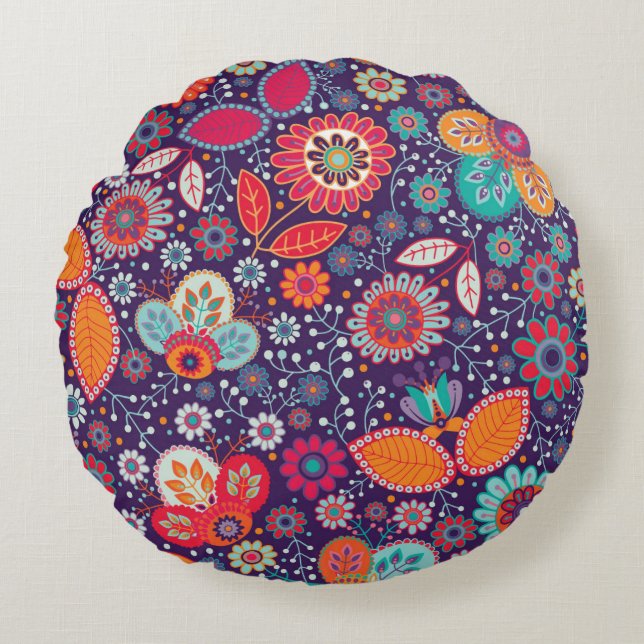 Colourful Art Illustration Nature Floral Pattern Round Pillow (Front)