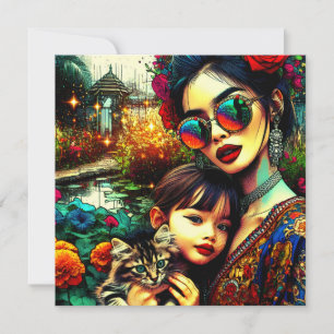 Colourful Art Mom and Daughter Asian Flower Garden