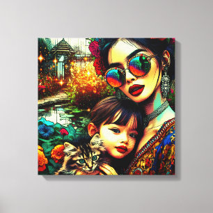 Colourful Art Mom and Daughter Asian Flower Garden Canvas Print