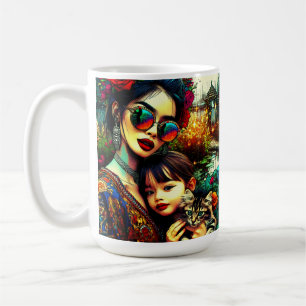 Colourful Art Mom and Daughter Asian Flower Garden Coffee Mug