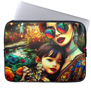 Colourful Art Mom and Daughter Asian Flower Garden Laptop Sleeve