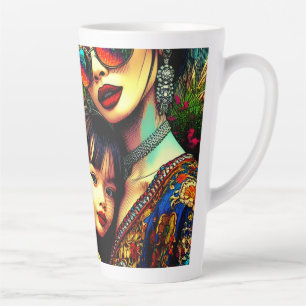 Colourful Art Mom and Daughter Asian Flower Garden Latte Mug