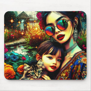 Colourful Art Mom and Daughter Asian Flower Garden Mouse Pad
