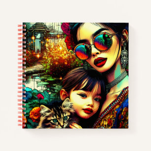 Colourful Art Mom and Daughter Asian Flower Garden Notebook