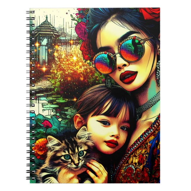 Colourful Art Mom and Daughter Asian Flower Garden Notebook (Front)