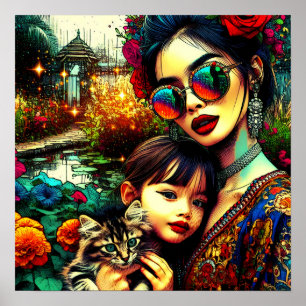 Colourful Art Mom and Daughter Asian Flower Garden Poster