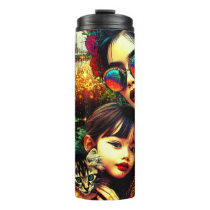 Colourful Art Mom and Daughter Asian Flower Garden Thermal Tumbler