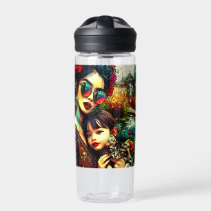 Colourful Art Mom and Daughter Asian Flower Garden Water Bottle