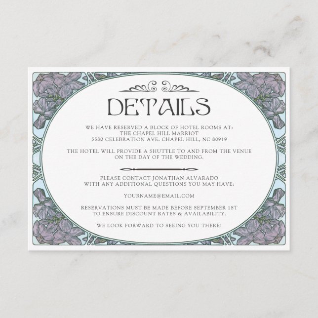 Colourful Art Nouveau Wedding Details Card (Set #1 (Front)
