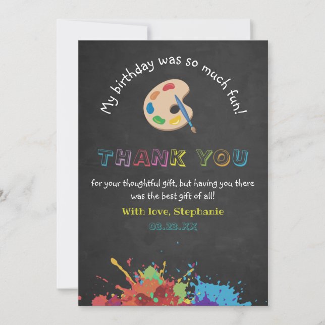 Colourful Art Party Ink Splash Chalkboard Birthday Thank You Card (Front)