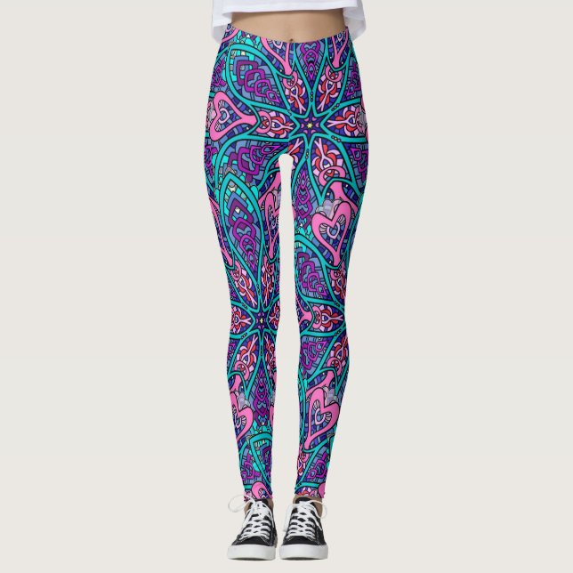 Colourful Art; Purple Pink Aqua Mandala Design Leggings (Front)