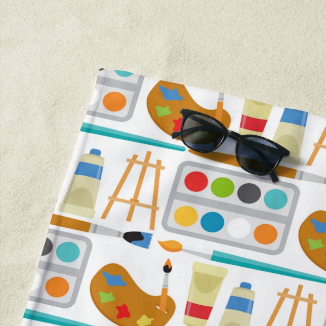 Colourful Art Supplies - Fun Painting Pattern Beach Towel (In Situ)