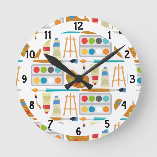 Colourful Art Supplies - Fun Painting Pattern Round Clock (Front)