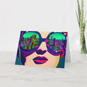 Colourful Art Woman in Sunglasses City Reflection Card